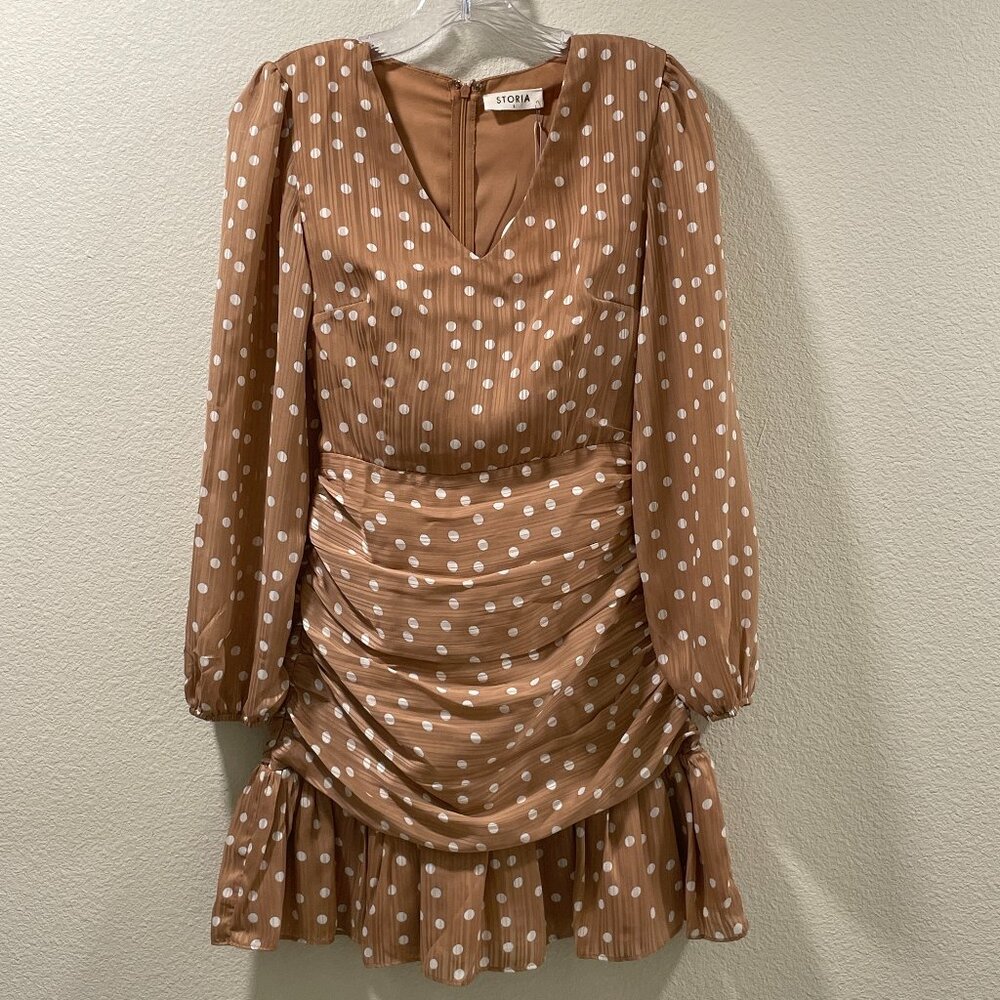 STORIA Long Sleeve Mini Dress V-Neck Ruched Polka Dot  Tan/White Women S - Picture 3 of 13